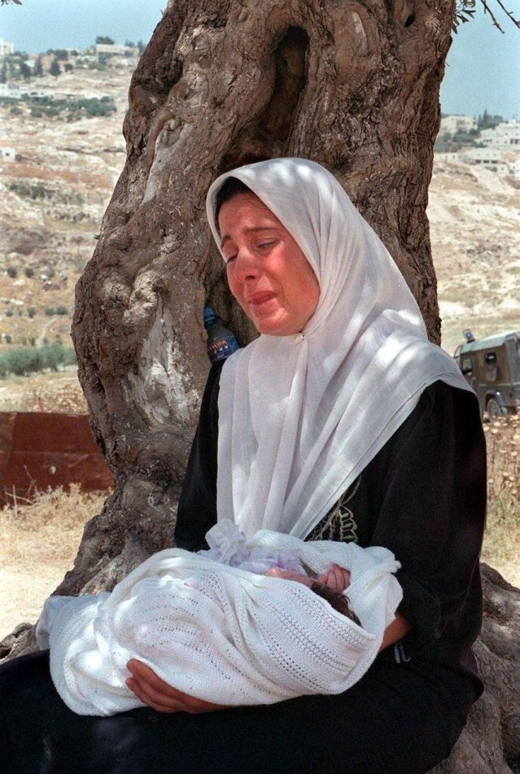 Palestinian family in their new temporary shelter